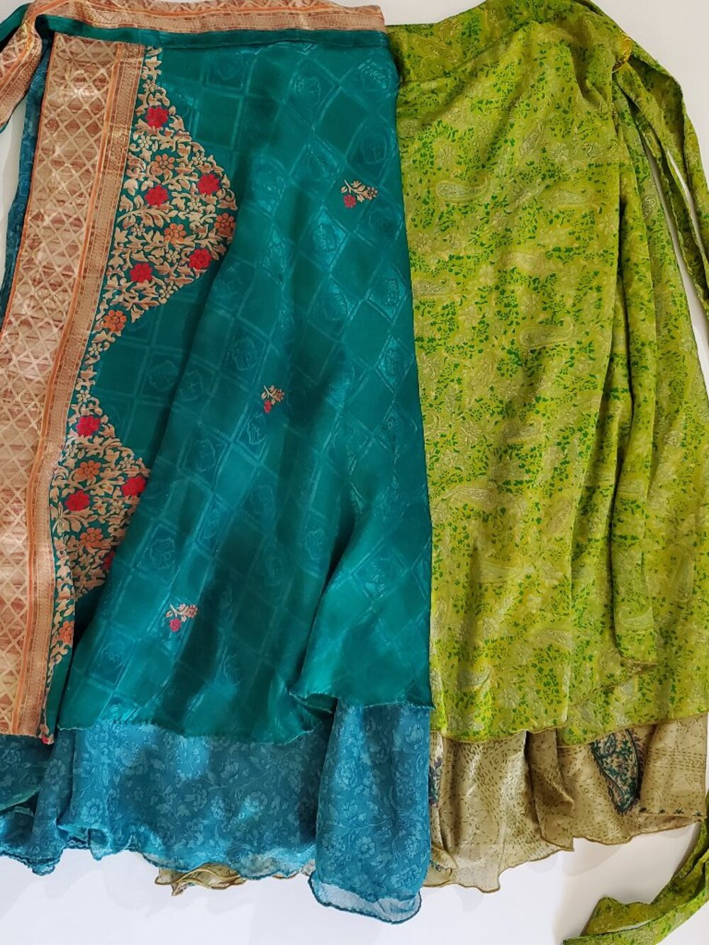 Lot 2 Jedzebel Sari Wrap Skirt Silk Blend Reversible Layered Boho Blue Green
